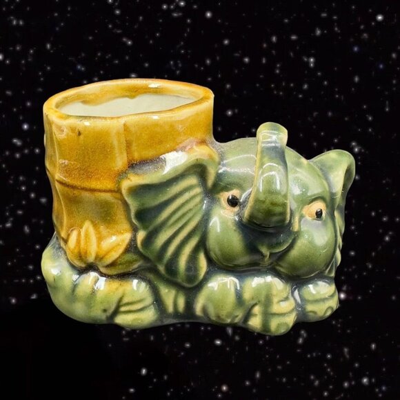Majolica Ceramic Planter Vase With Figural Elephant Animal Vintage 5”W 3”T - Picture 1 of 12